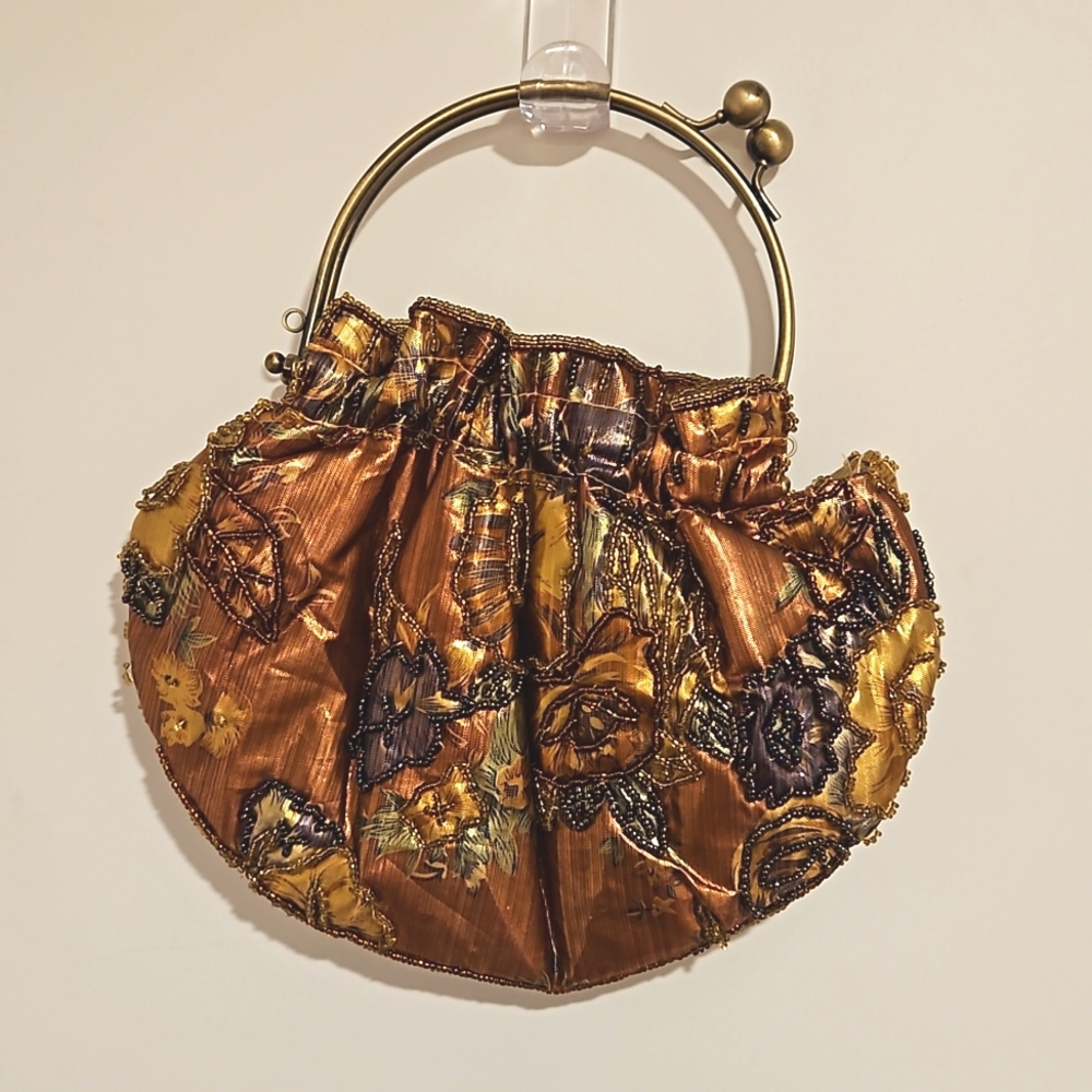 Retro circle bag ball clasp floral brocade beaded shimme handbag chain crossbody